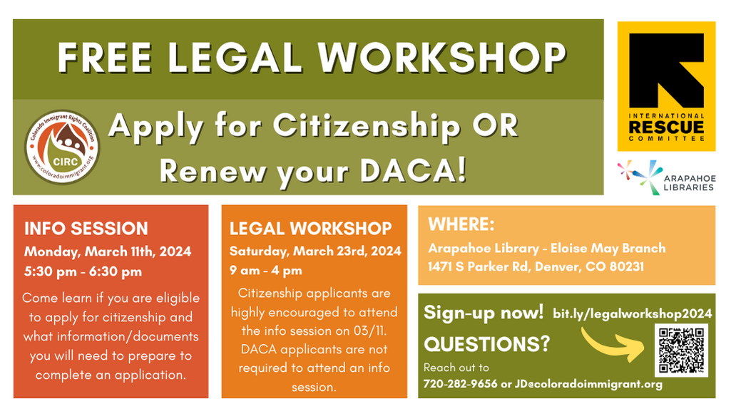 Flyer with details for Citizenship Workshop March 23, 2024.